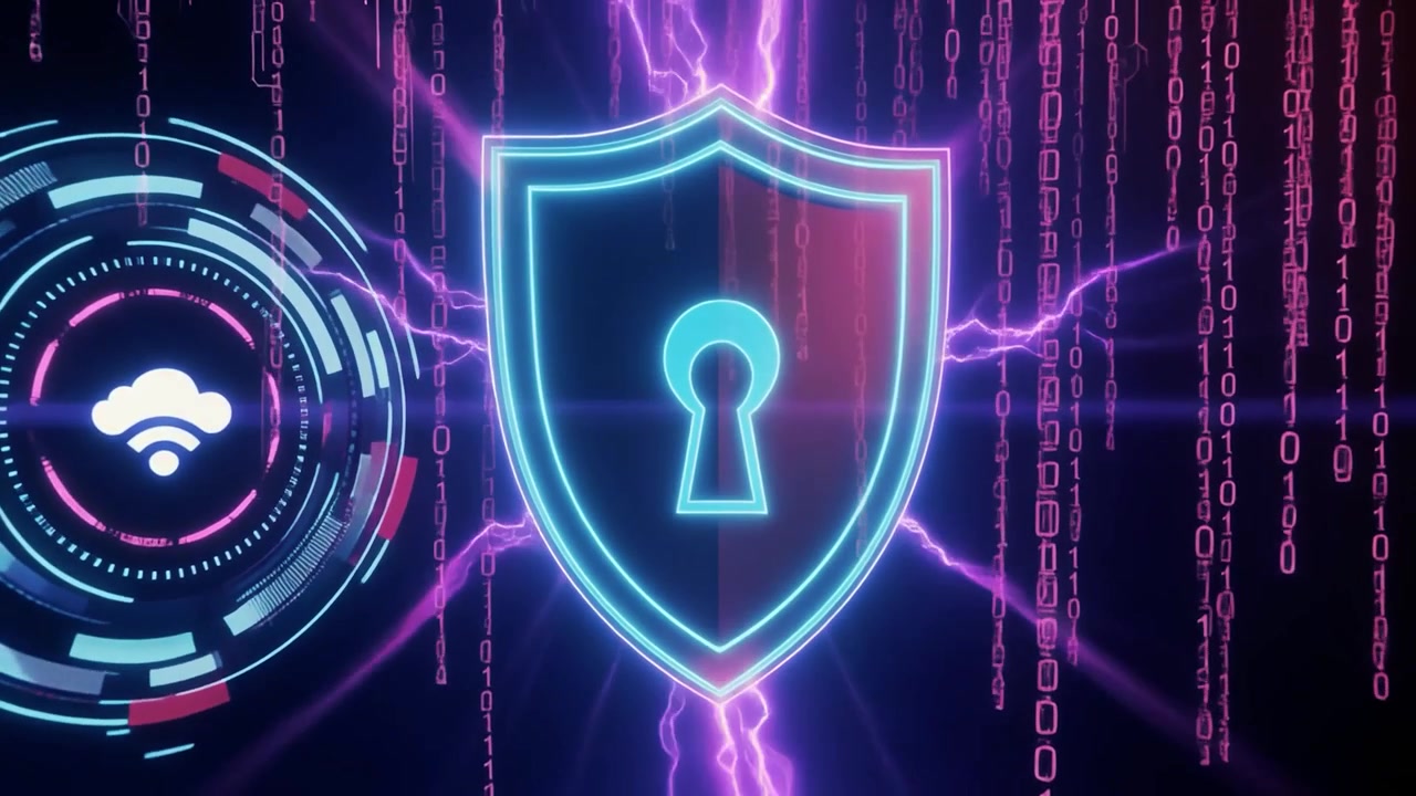 Digital Cybersecurity Concept with Glowing Shield and Data Streams