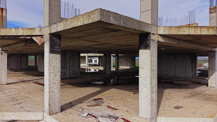Aerial view of abandoned building with concrete pillars and open space