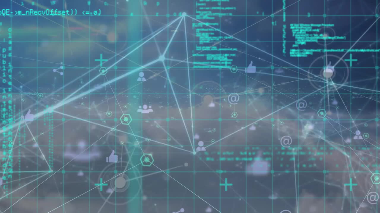 Animation of network of connections with icons and data processing