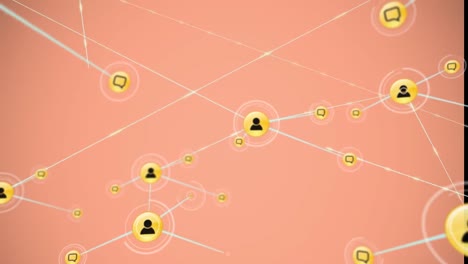 animation of network of connections with icons over pink background