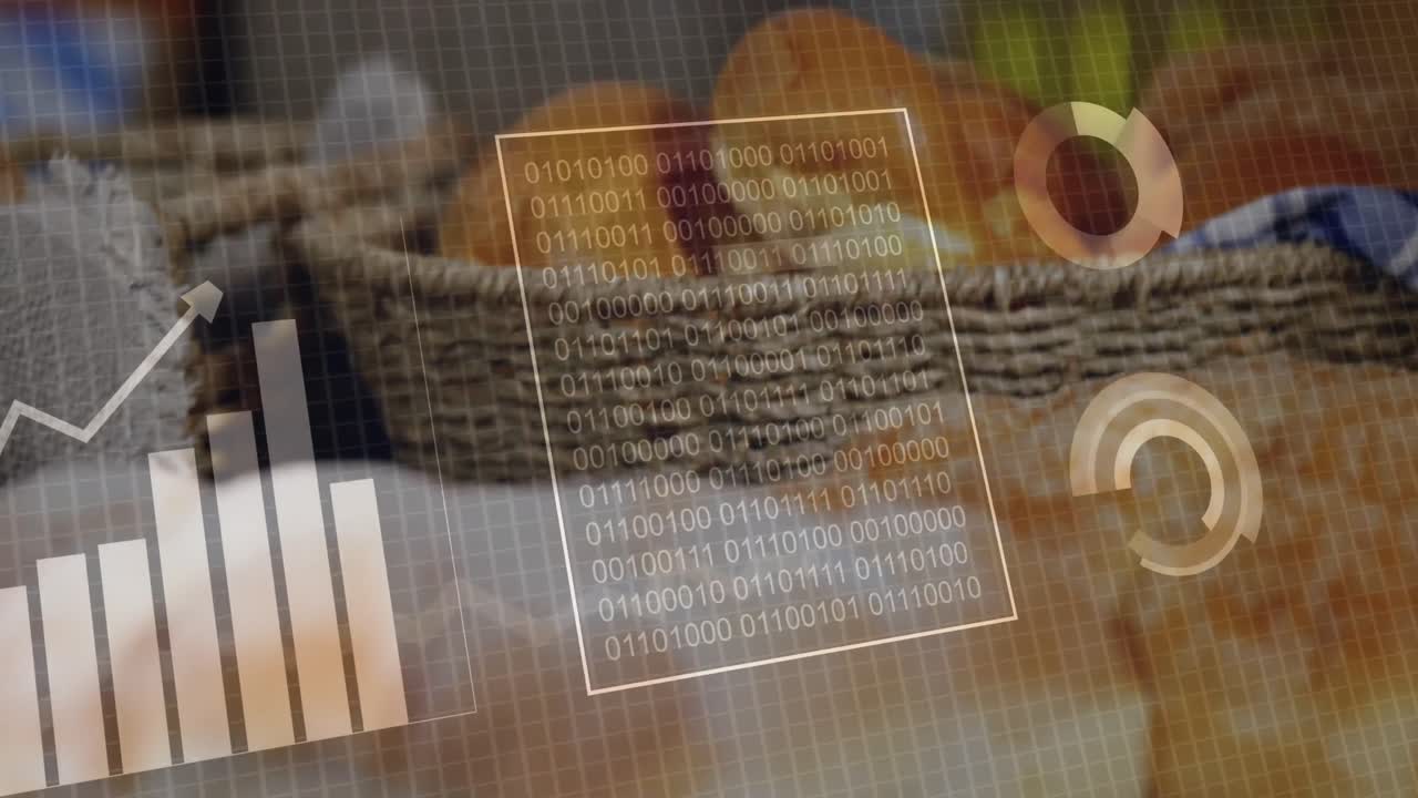 animación de estadísticas y procesamiento de datos sobre pan en cestas en tiendas de alimentos