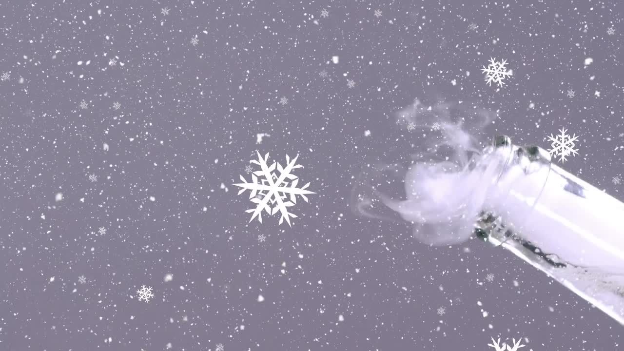 animación del corcho de la botella de champán estallando con copos de nieve cayendo