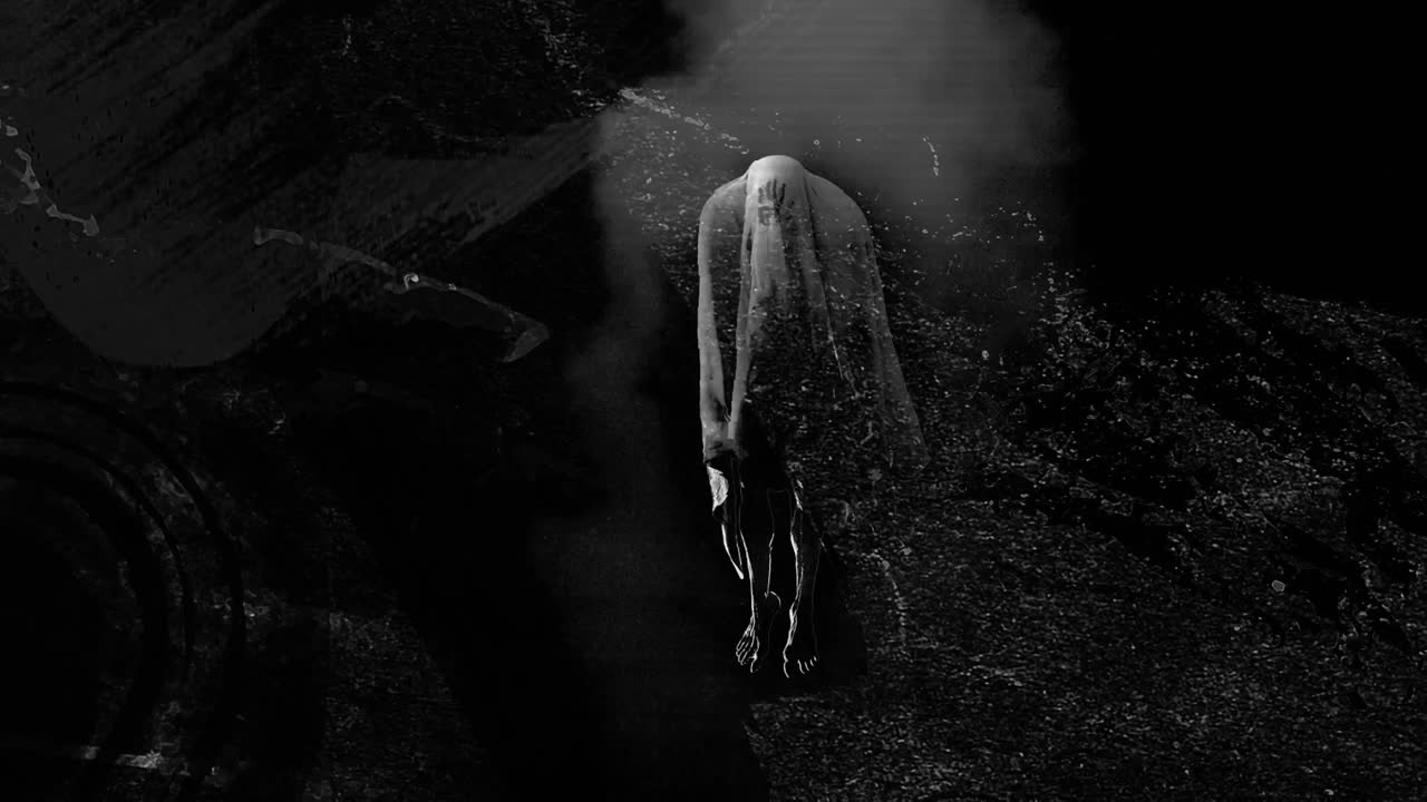 animación de formas blancas sobre fantasma en fondo negro en halloween