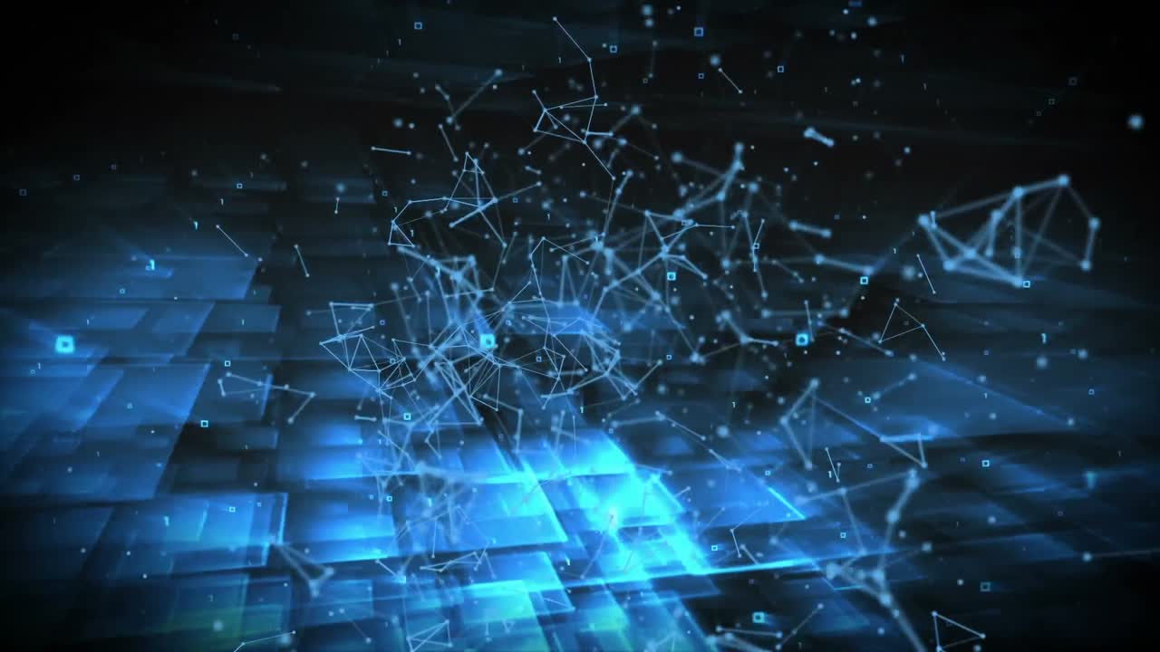 animación de puntos azules conectados con líneas y rectángulos iluminados que se mueven en un fondo abstracto