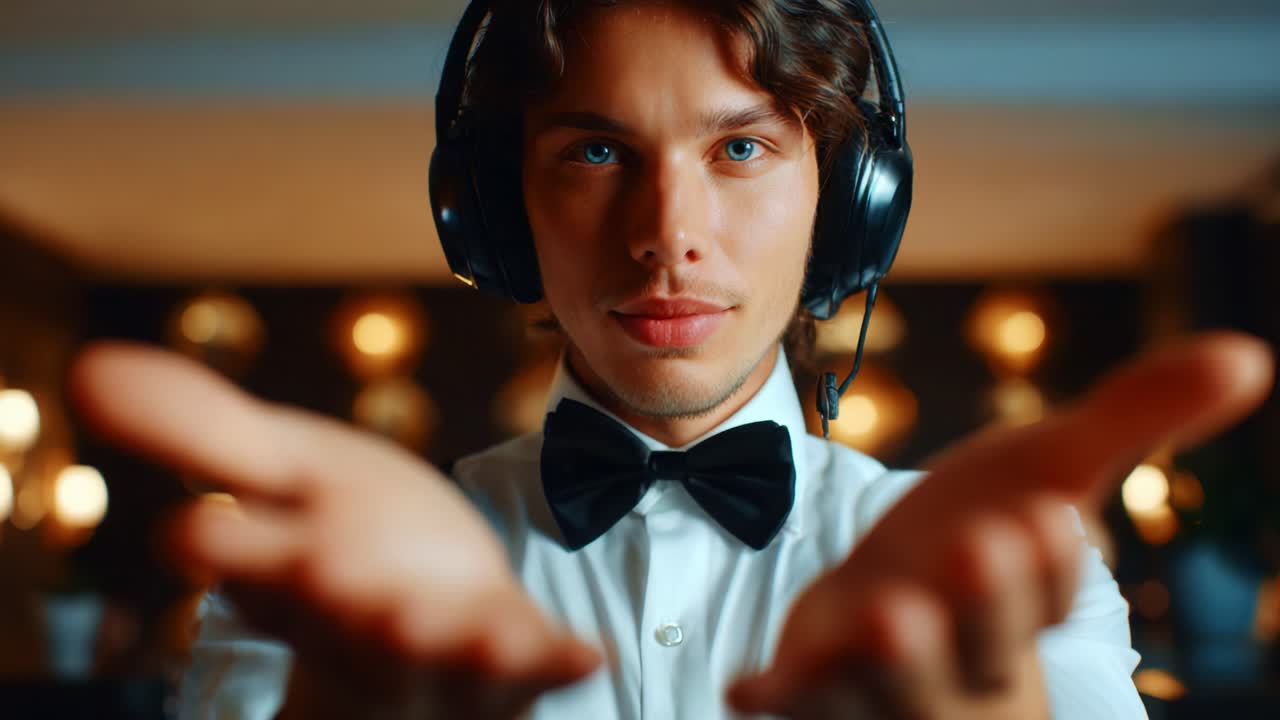 A well-dressed young man wearing a bow tie and headphones extends his open hands towards the viewer, inviting engagement in a lively interactive atmosphere, with warm lighting creating a welcoming ambiance