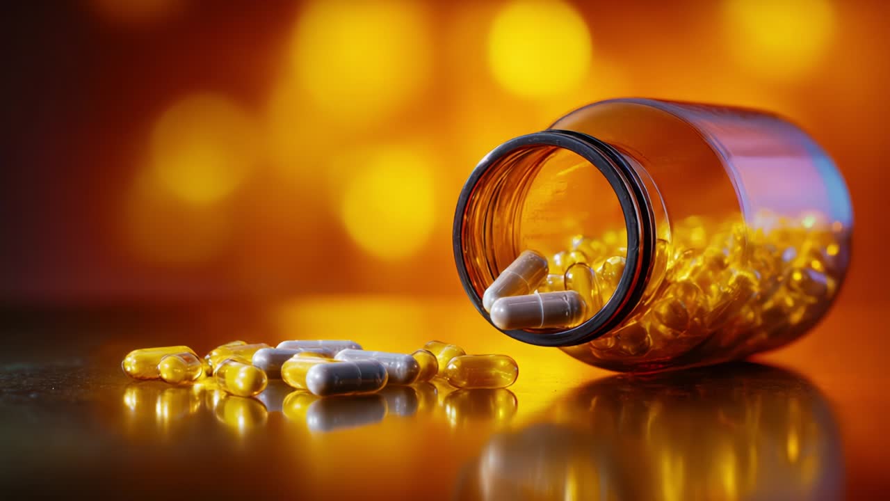A Glorious Close-Up of a Spilled Bottle of Vibrant Yellow and White Capsules on a Reflective Surface, Capturing the Essence of Health Supplements Against a Magical Bokeh Background of Warm Lighting