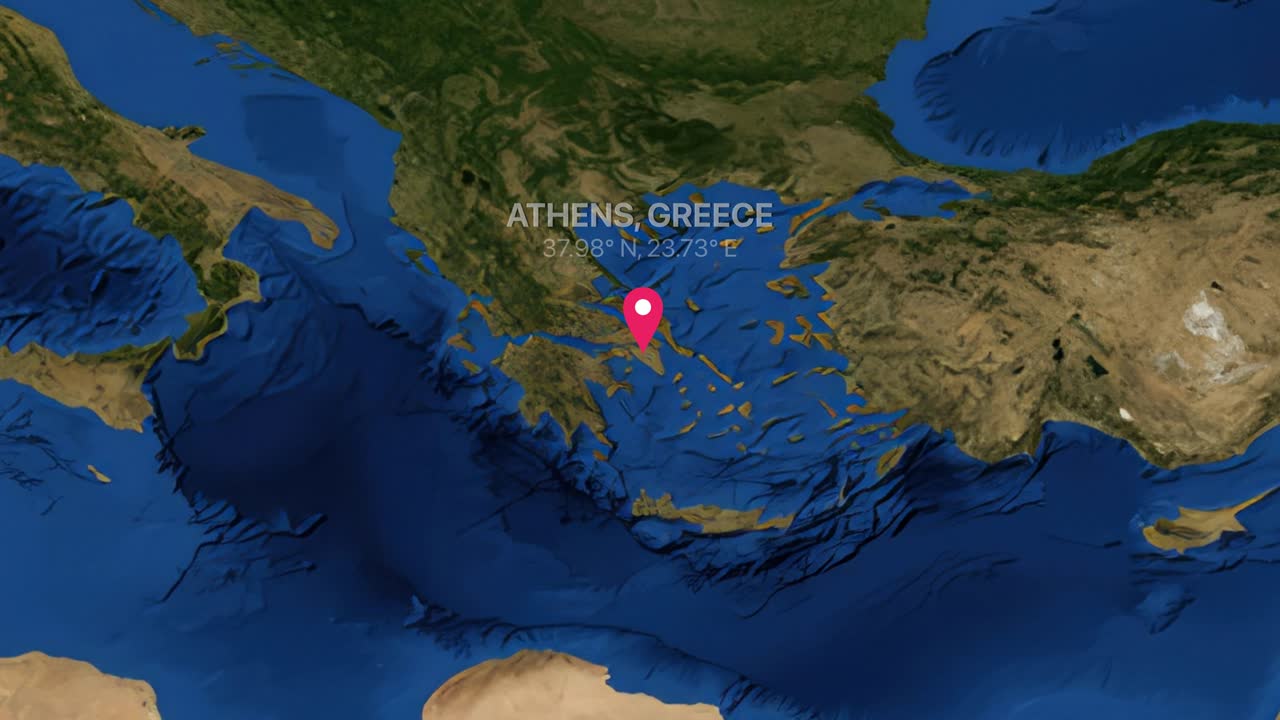 Digital earth render zooms from global map to Athens Greece with red location pin marker