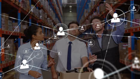 animation of network of connections with icons over diverse workers in warehouse