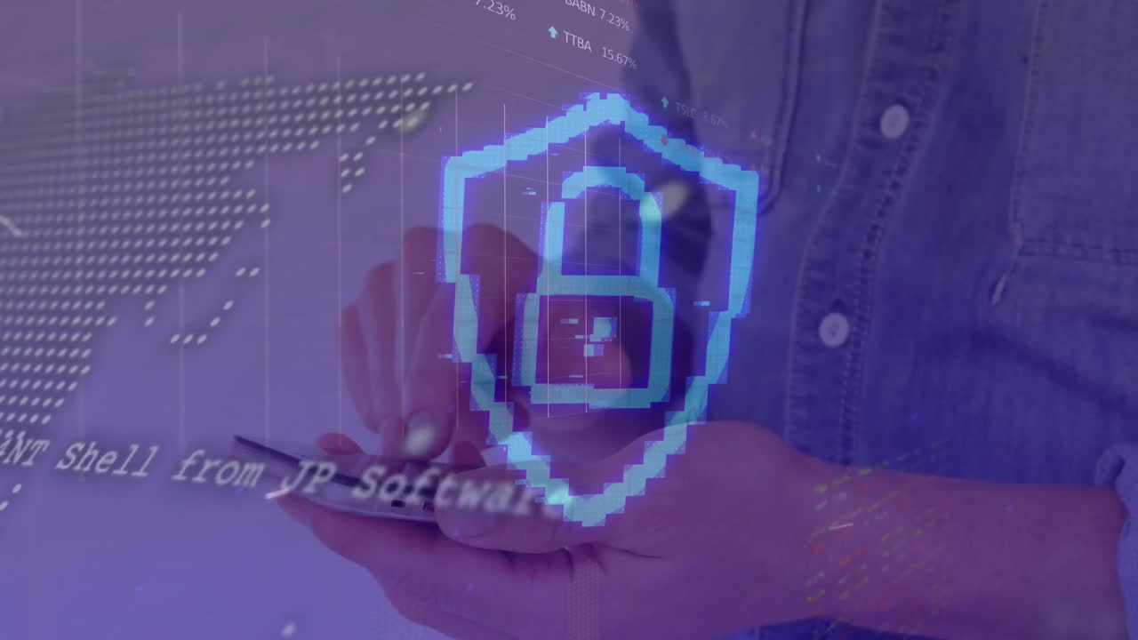 Animation of data processing over woman using smartphone