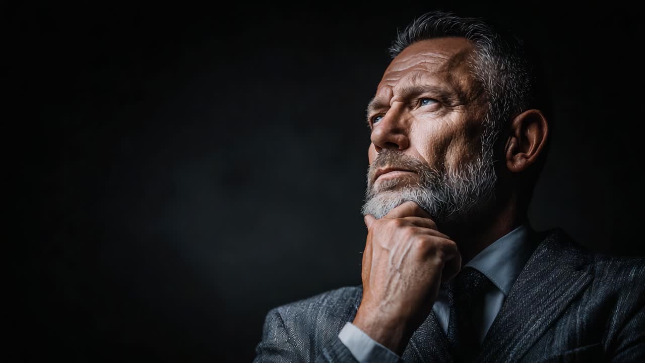 Contemplative Expression of a Mature Man in Formal Attire, Capturing the Depth of Thought and Emotion in a Dark Low-Light Setting