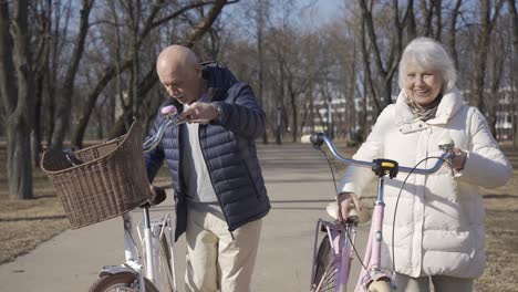 senior couple holding bikes while walking and talking in the park on a winter day