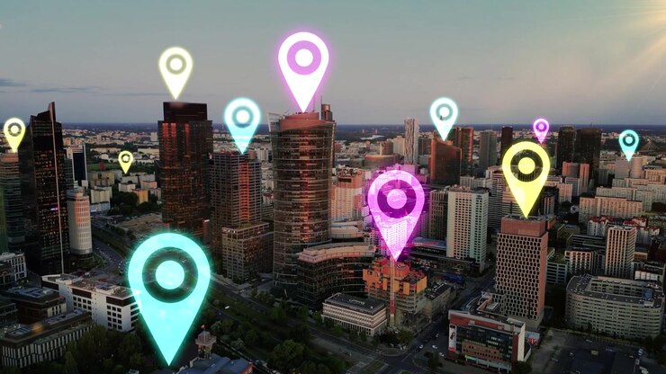 Aerial View of Modern City Skyline with Digital Location Pins