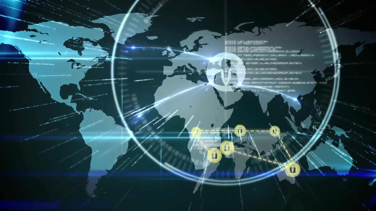 세계 지도와 온라인 보안  ⁇ 락 아이콘과의 연결 네트워크의 애니메이션