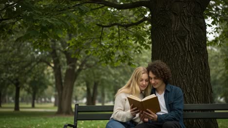 couple reading a book together in a park