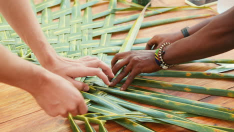 young african and caucasian males collaboratively crafting a palm roof