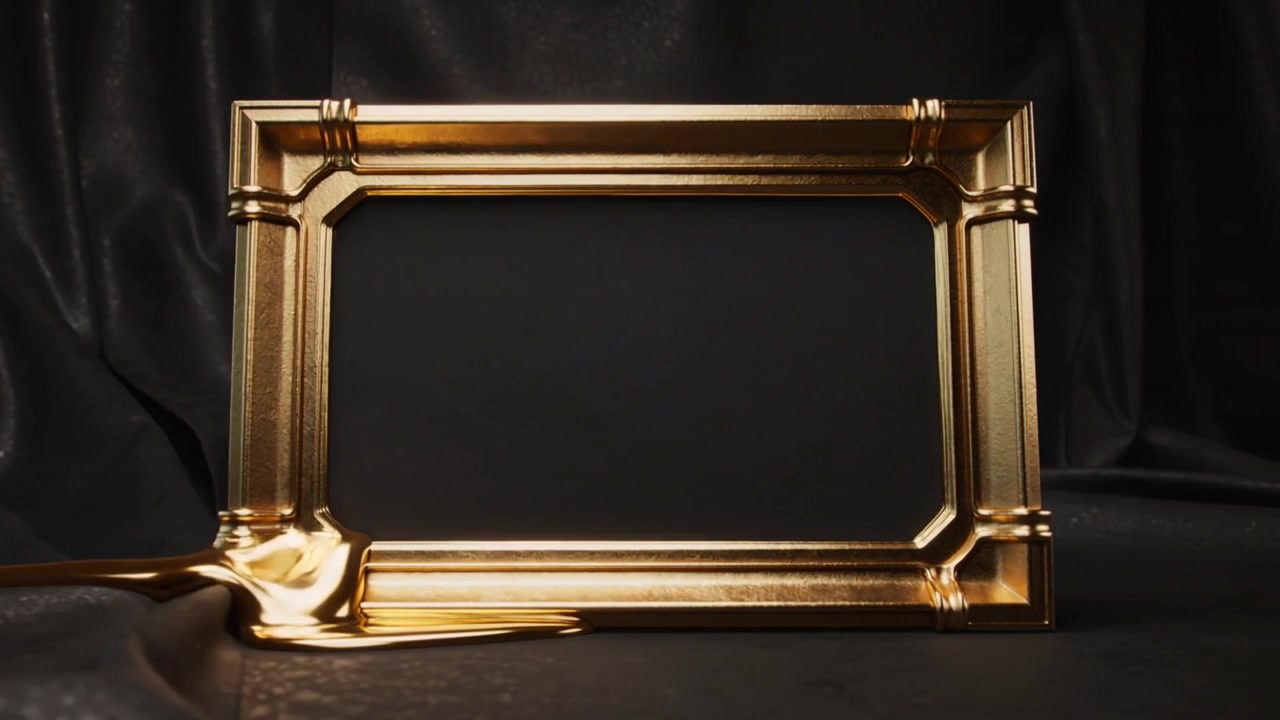 Nastro d'oro fuso che scorre, alimentato da una pozza a sinistra, che viaggia sotto una cornice dorata in studio, ricoprendo una sporgenza