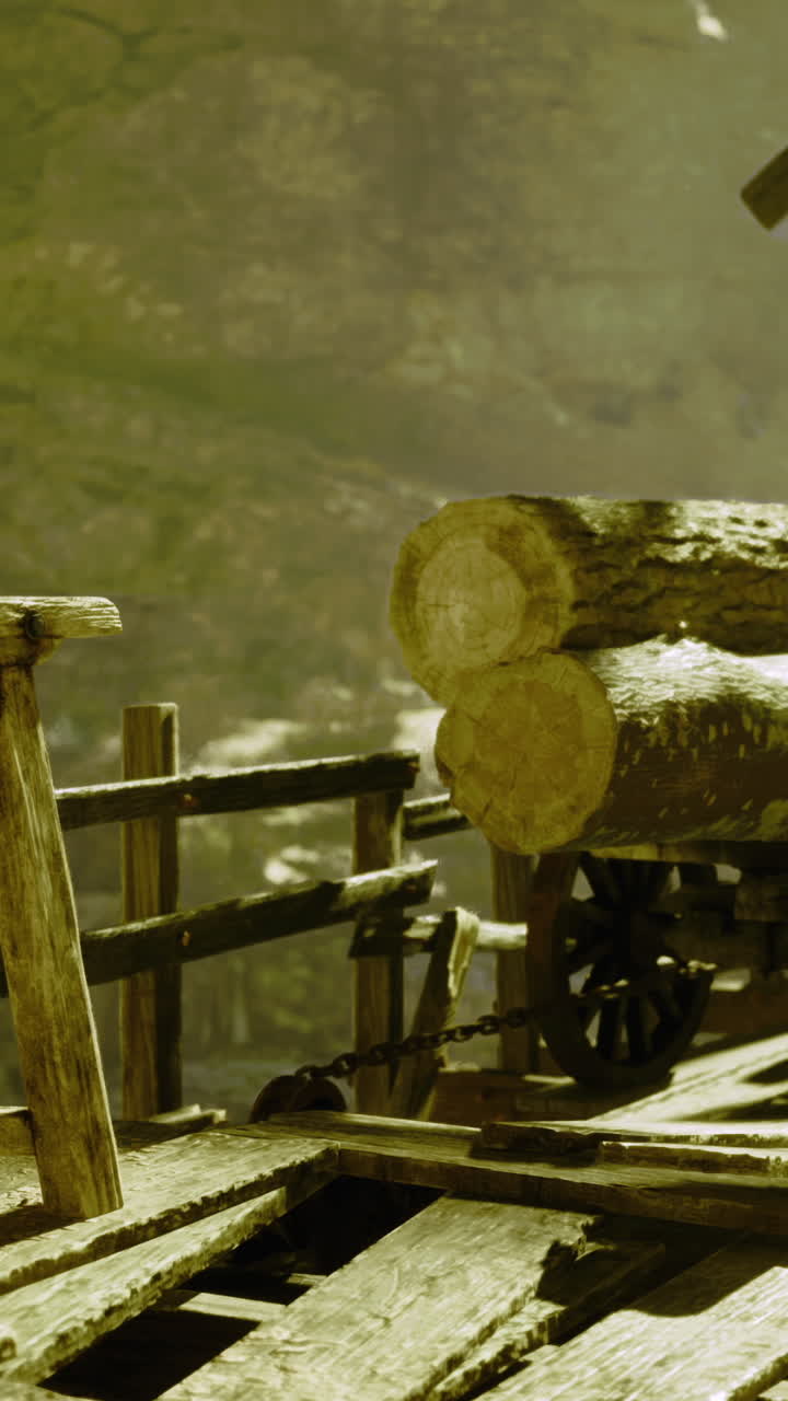 Dettagli di un vecchio carretto di legno su un pontile rustico in legno al tramonto