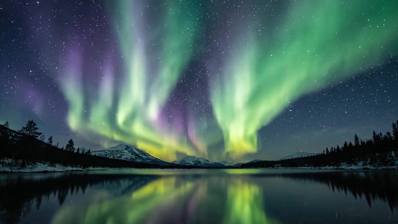 Splendide aurore boreali danzano nel cielo notturno, riflettendosi su un lago sereno circondato da maestose montagne e stelle in un paesaggio naturale mozzafiato.