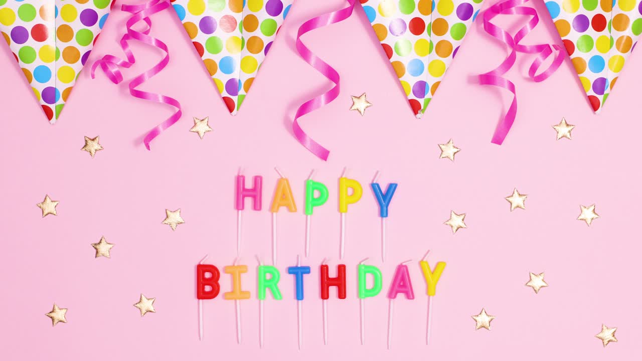 Birthday party flag banners with ribbons move on pastel pink theme with Happy birthday candles. Stop motion