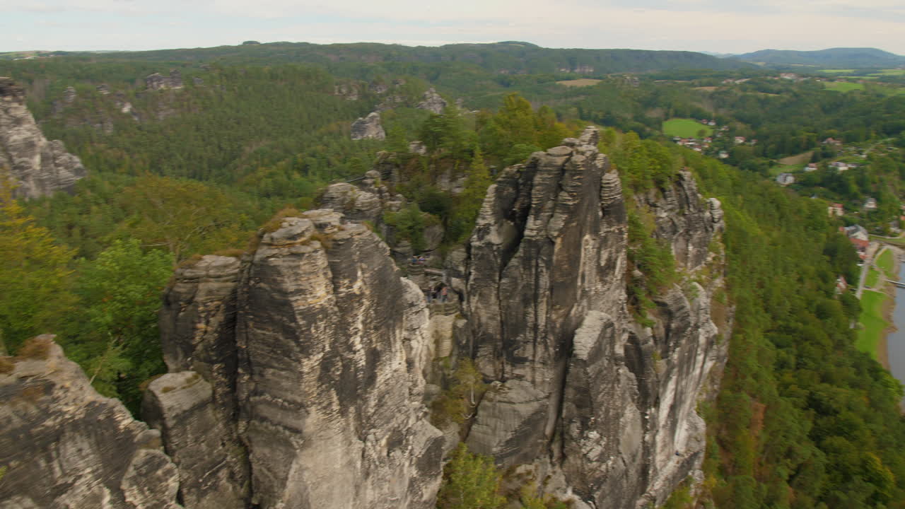 Elbsandsteingebirge Sachsen Elbe sandstone formations rising above dense green forests Mountains, showcasing the region’s natural beauty and rugged Terrain under a blue sky with scattered Clouds