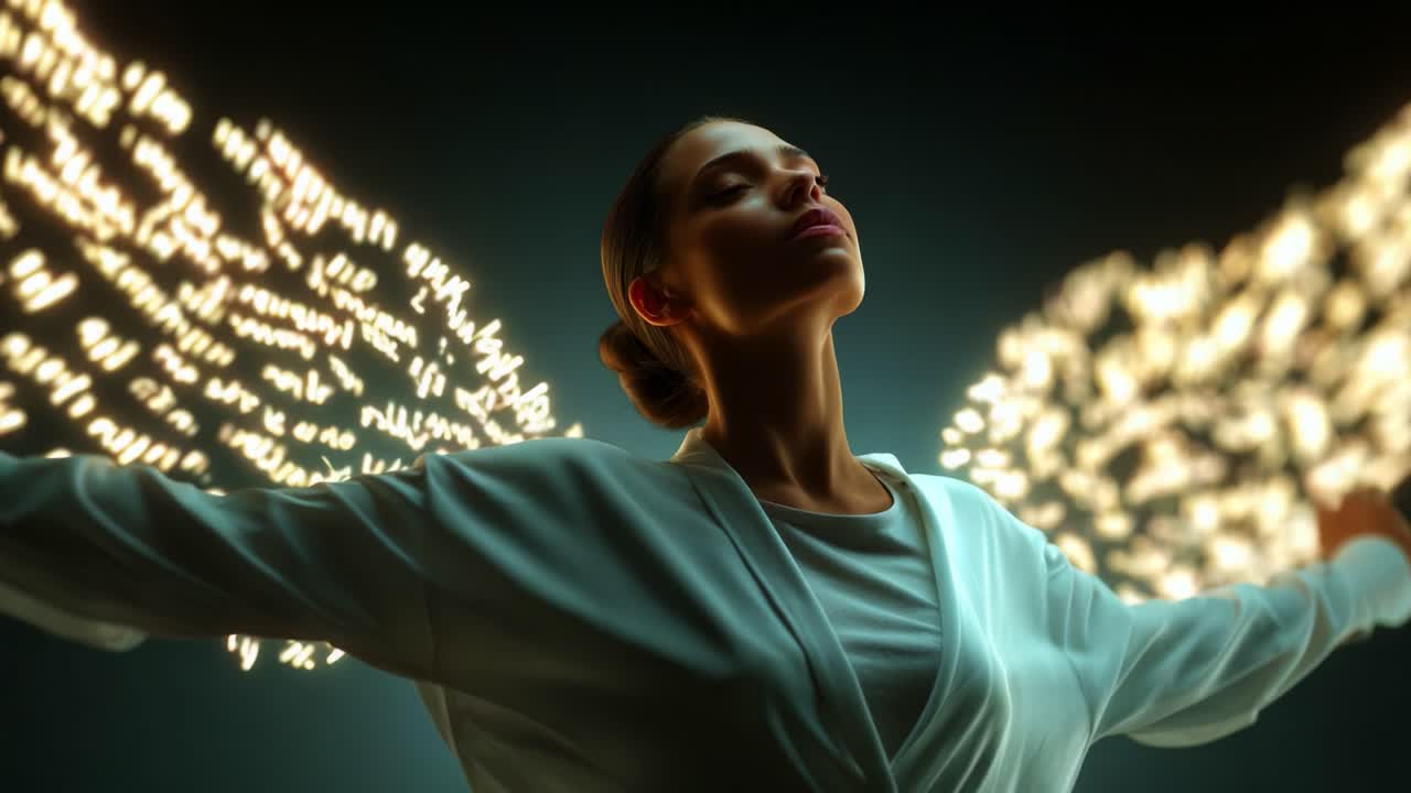 A transcendent moment captured in ethereal light, showcasing a figure with illuminated wings, embodying freedom and grace, surrounded by a captivating dark backdrop that enhances the radiant glow