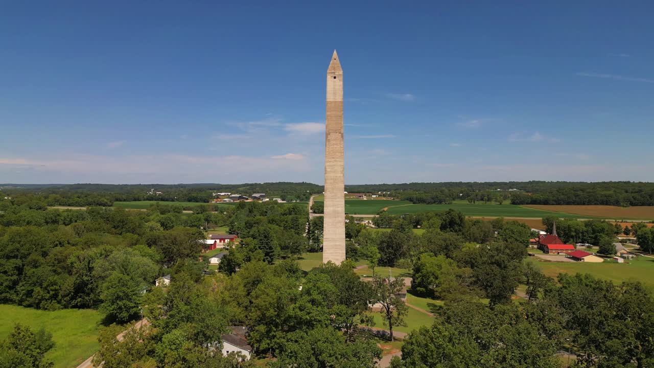 Aerial rising shot from the parking lot of the Jefferson Davis Memorial, located in Fairview, Kentucky