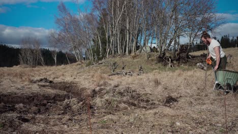 man digging soil for farming in indre fosen, norway - wide shot