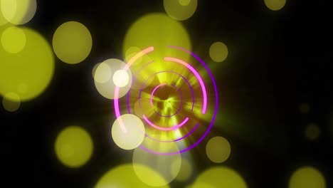 animaciones de formas brillantes amarillas y rosas en movimiento sobre un fondo negro.