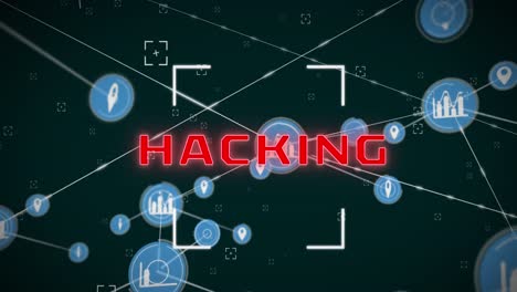 animación del texto de hacking en el visor y los iconos de gps y gráficos conectados