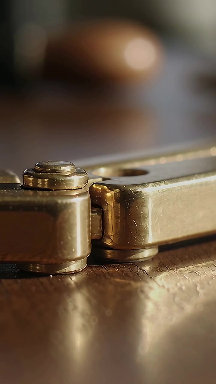 Vertical video: Panning camera showing brass hinge pivot screw and dust on wood table, brown blur