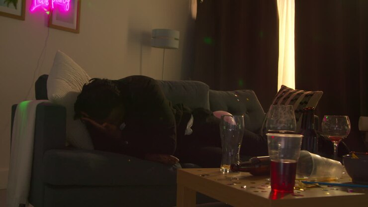 Man Lying On Sofa Recovering From Drinking Alcohol At House Party Suffering With Hangover 1
