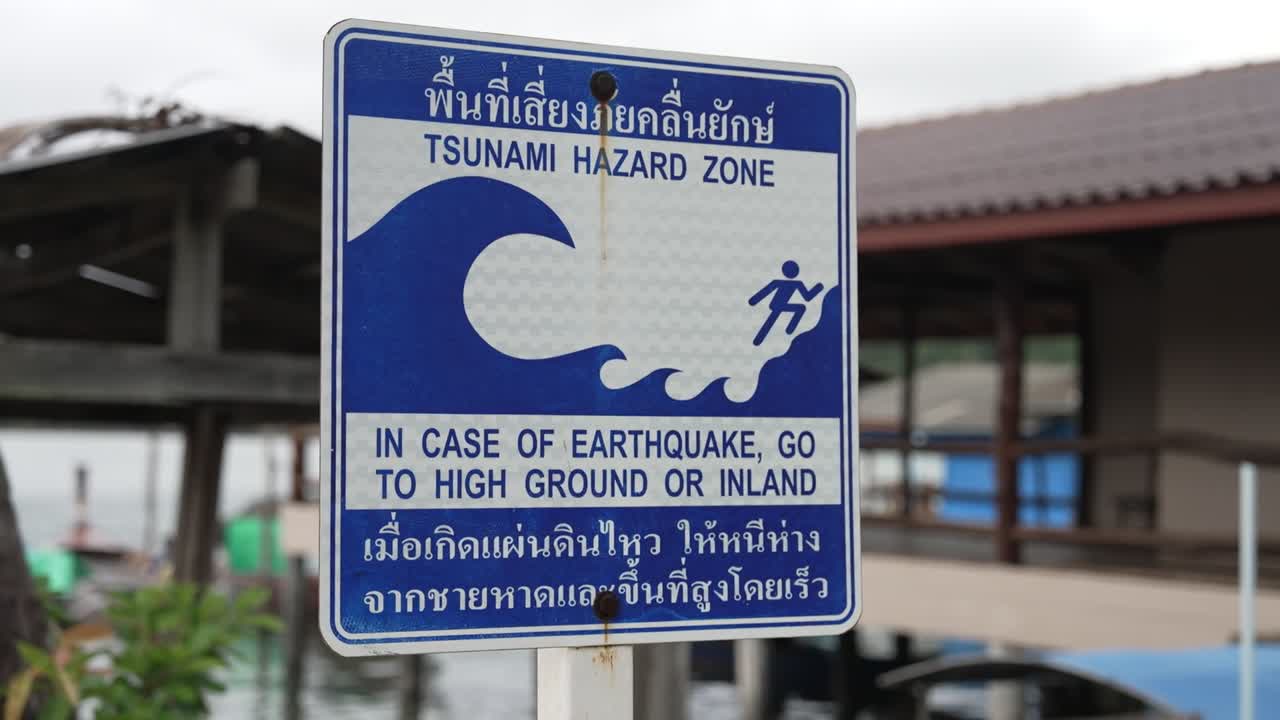 Close-up of a tsunami hazard zone sign near the coast in Thailand instructing people to go to higher ground after an earthquake