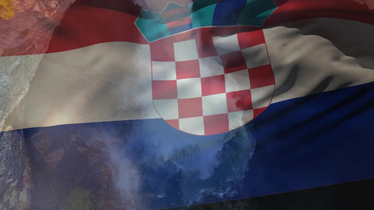Lichtstrahl fegt über die kroatische Flagge, verursacht Wellen, zieht das Wappen an, enthüllt die Küste für eine maritime Verbindung.