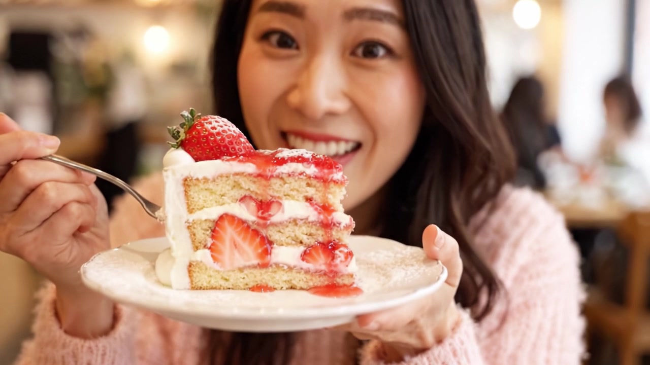喜びあふれる贅沢なひととき：甘いお菓子と幸せな雰囲気に満ちた居心地の良いカフェで、女性が美味しいストロベリーケーキを楽しむ