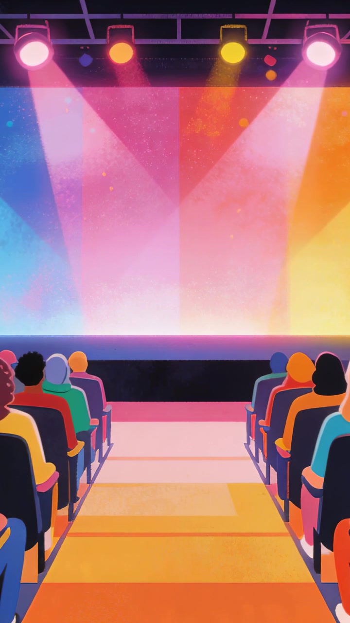 Video verticale: Folla con magliette colorate in un teatro di fronte al palco, luci che cambiano, in attesa.