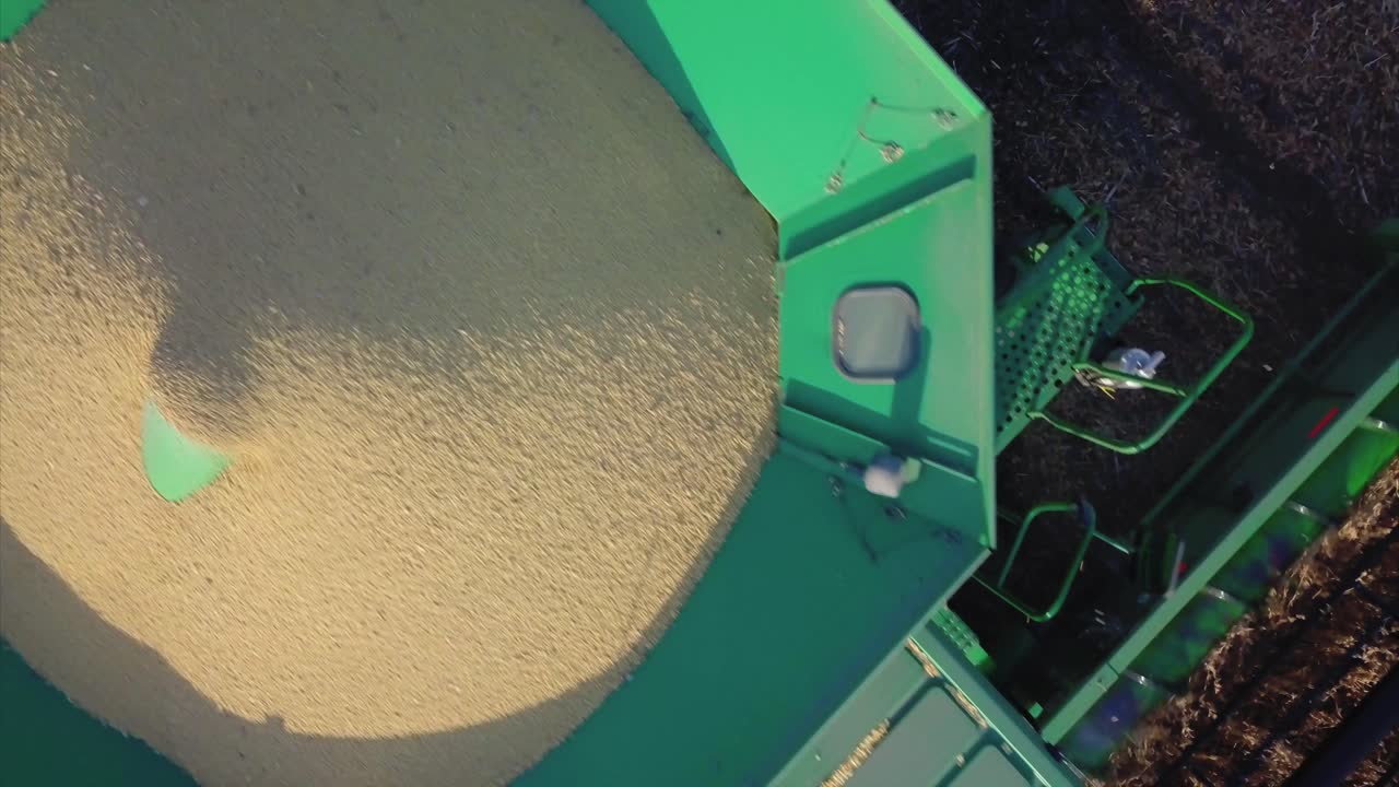 A Midwest farmer harvesting a soybean field with a combine, tractor, and auger wagon