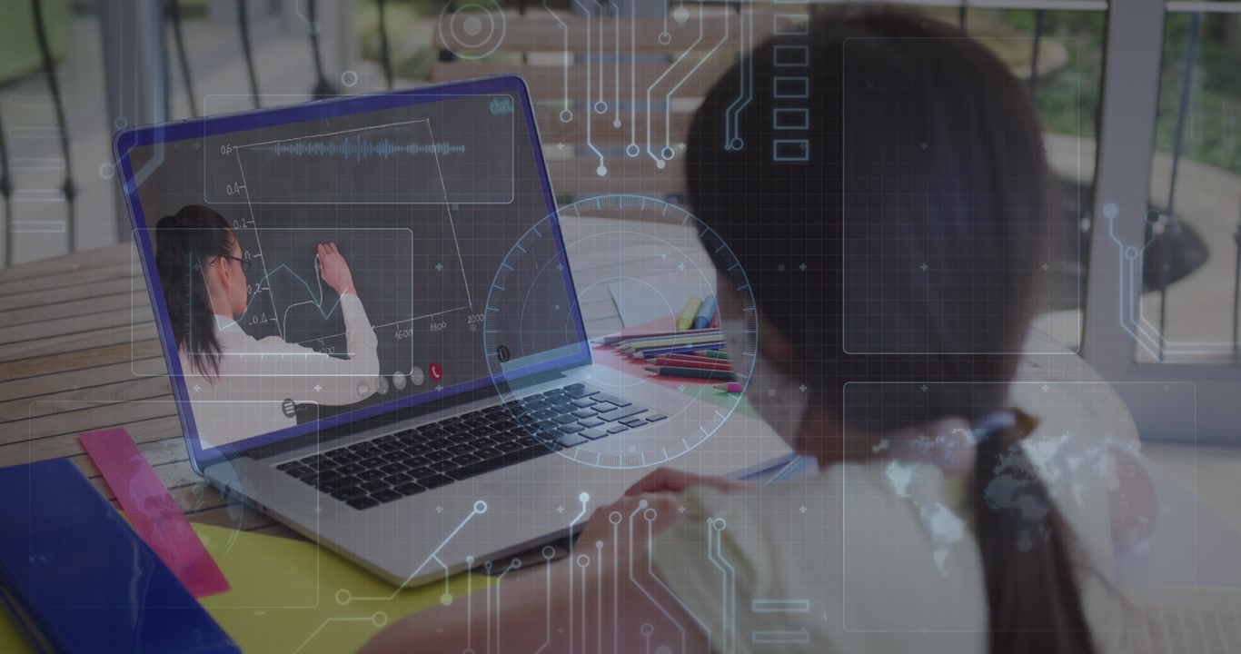 Animation of round scanner and microprocessor connections against girl having a video call on laptop