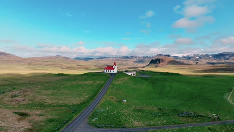 road leading to historic ingjaldsholl church in hellisandur, snaefellsnes peninsula, west iceland