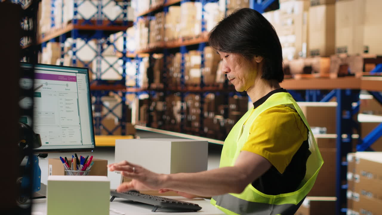 Vertical Video Distribution hub staff printing and applying awb labels on packages