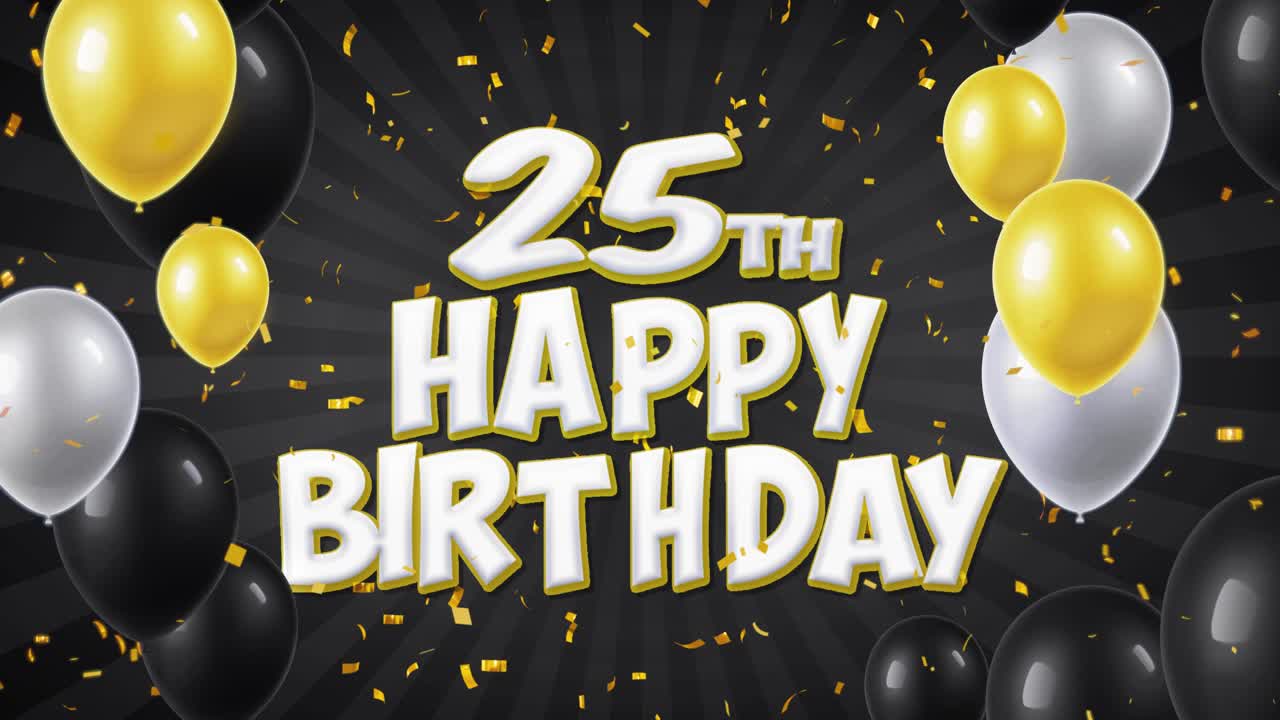 41 25th happy birthday black text with golden confetti falling and glitter particles colorful flying