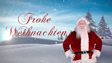 Santa-presenting-christmas-message-against-snowy-fir-forest