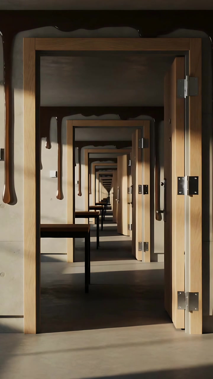 Video verticale: Porta d'ingresso in legno che si apre dopo una spinta invisibile, mostrando porte in successione con serratura nera.