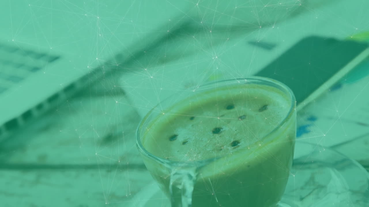 Business analytics being visualized in flat design workspace, with digital mesh, laptop, smartphone