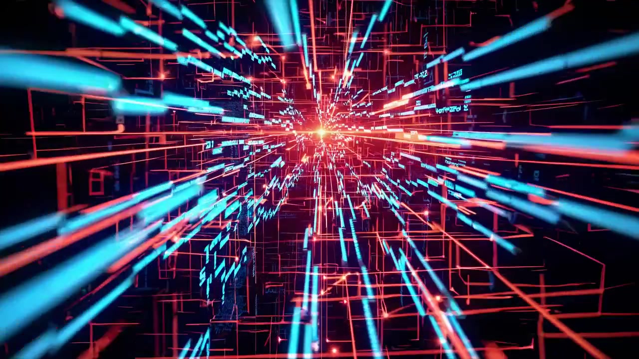 Abstract Digital Data Tunnel with Glowing Blue and Red Light Lines