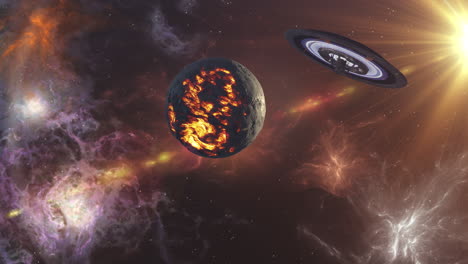 exploding planet and spaceship in space