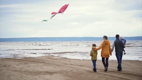 family enjoying a beach day with a kite