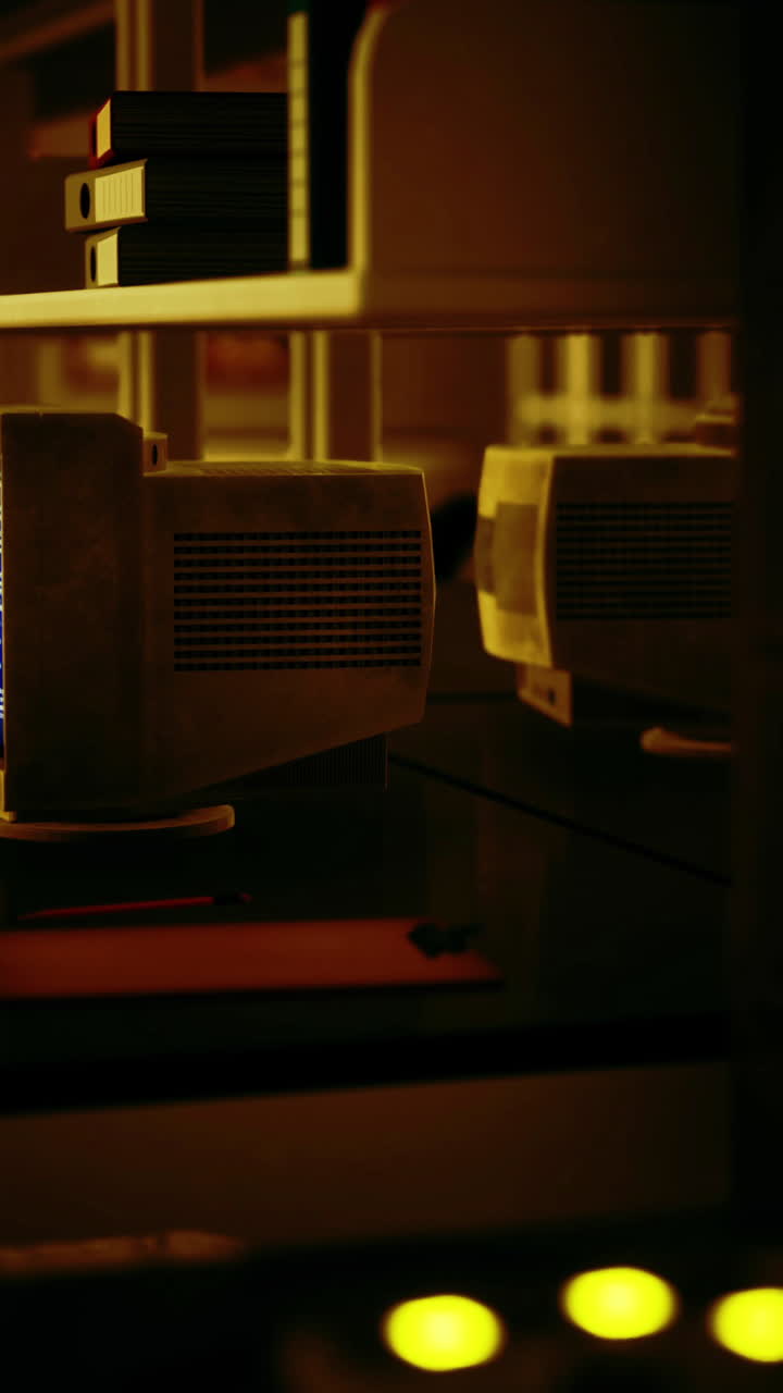 밤에는 어두운 사무실에서 오래된 컴퓨터