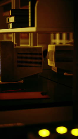 old computers in a dark office at night