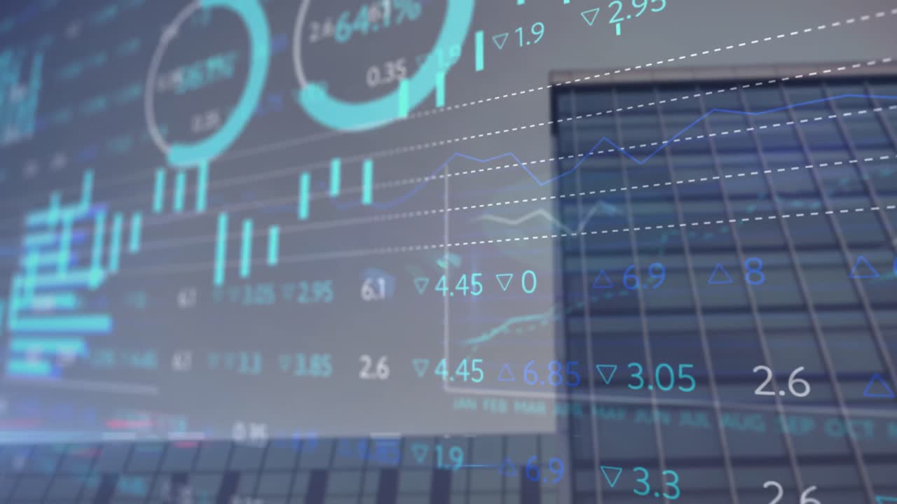 animación del procesamiento de datos financieros sobre el paisaje urbano