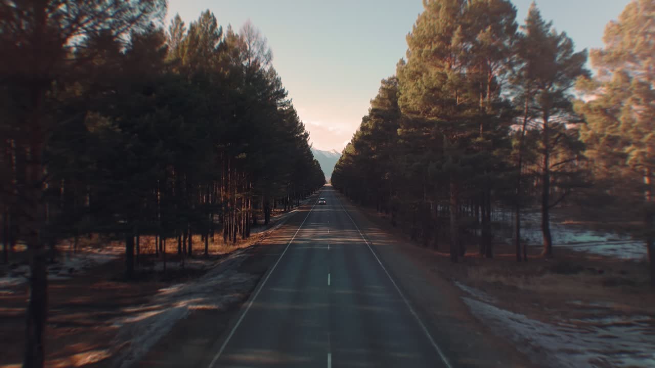 Filmato drone di un'autostrada asfaltata rettilinea che attraversa una pineta con un'auto solitaria che si dirige verso montagne lontane al tramonto, Arshan, Buriazia, Russia